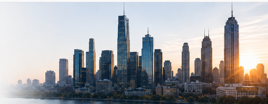 Modern city skyline at sunrise